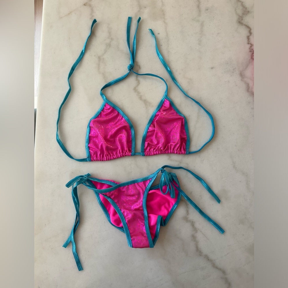 Pink and Teal Ruched Back Bikini Set